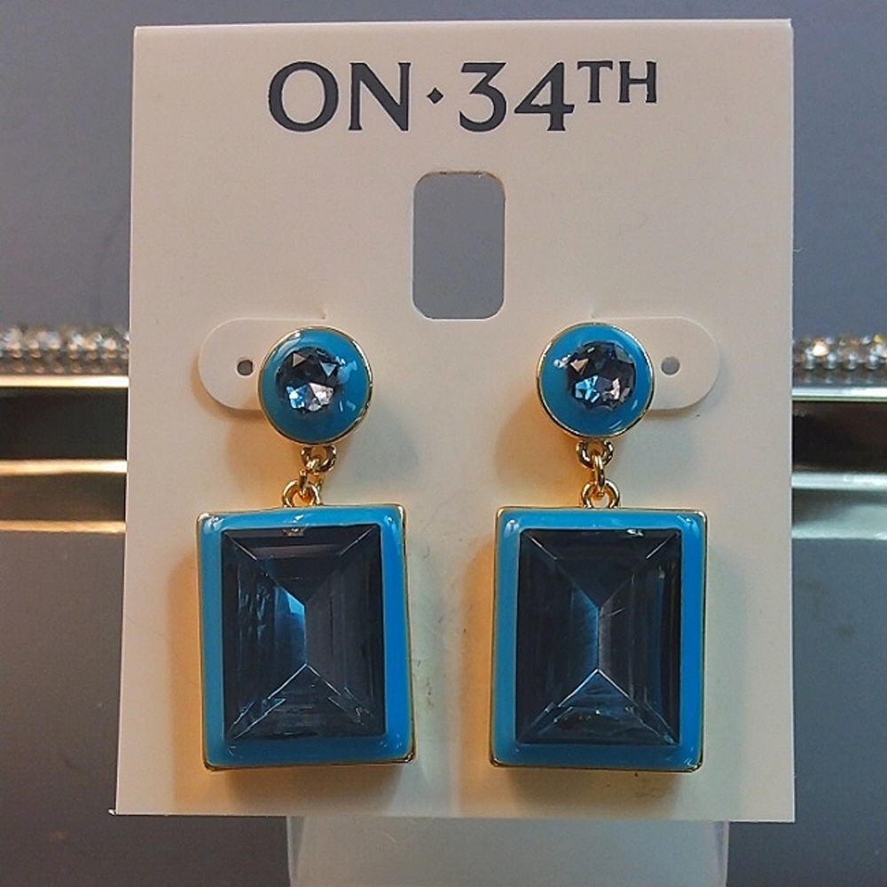 Blue and Gold rectangle dangle earrings. NWT